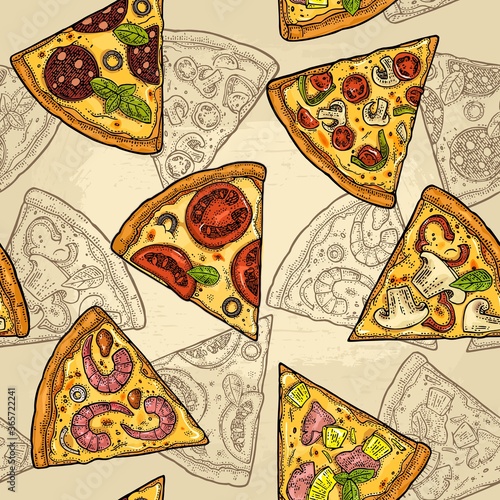 Seamless pattern slice pizza Pepperoni, Hawaiian, Margherita, Mexican, Seafood, Capricciosa.