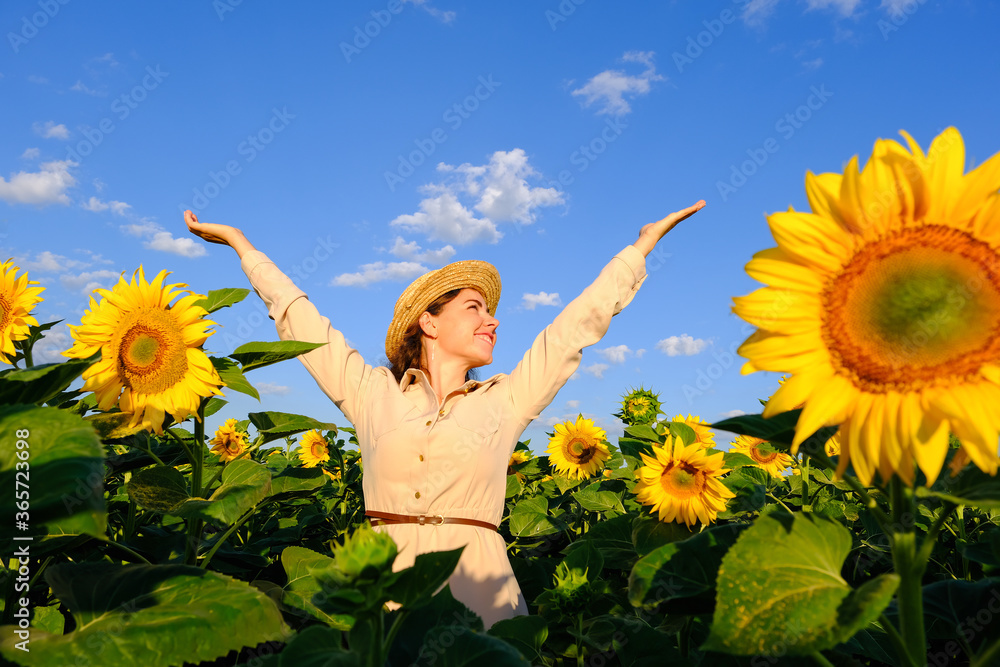 smiling woman in straw hat in blooming sunflower field at sunrise with outstretched arms smiling woman in straw hat in blooming sunflower field at sunrise with outstretched arms