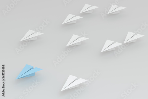 Blue paper plane white ones on white background, 3d rendering.