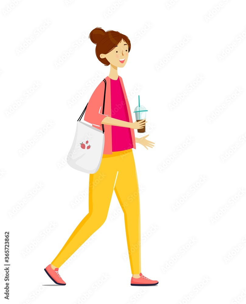 Young smiling girl walking with a cup of iced coffee and eco shopping bag. Summer vector illustration Young smiling girl walking with a cup of iced coffee and eco shopping bag. Summer vector illustration