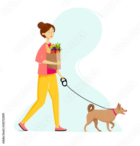 Girl walking on the street with a dog and paper bag after shopping in a grocery shop. Frehs fruits and vegetables. vector illustration.