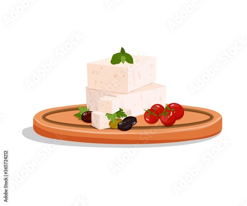 Traditional greek feta cheese, parsley leaves, basil, black and green olives, cherry tomatoes on wooden board. Dairy product. Vector illustration on white background.