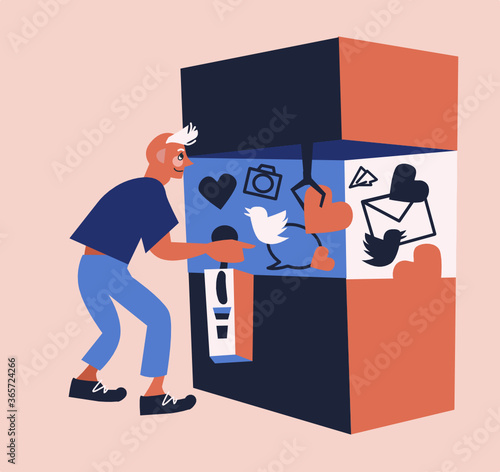 Cute funny vector illustration of young teenager obsessed with social media. Man plays on claw crane toy machine and uses joystick to get likes and hearts on popular messengers and feeds online