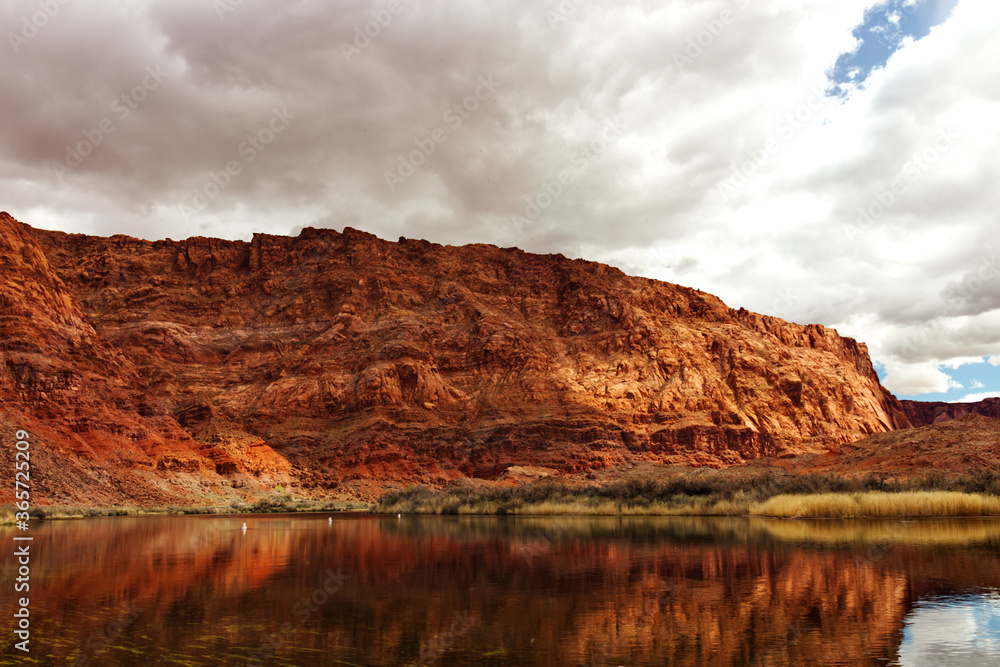 Sandstone mountain reflected on the slow flowing Colorado river, Lees Ferry landing, Page, AZ, USA