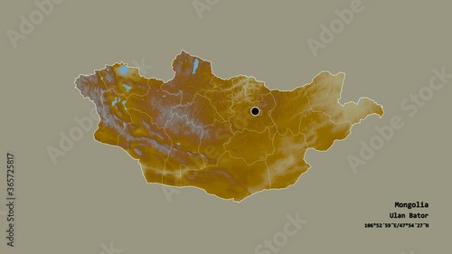 Dornogovi, province of Mongolia, with its capital, localized, outlined and zoomed with informative overlays on a relief map in the Stereographic projection. Animation 3D photo