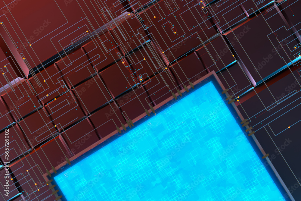 Obraz premium Circuit with glowing lines with dark background, 3d rendering.