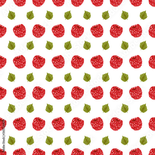 Raspberry seamless pattern. Red Berry Digital Paper, Scrapbook Paper. Razz and Leaves Drawing. Background design for sweets and pastries filled with raspberry, dessert menu, health care products.