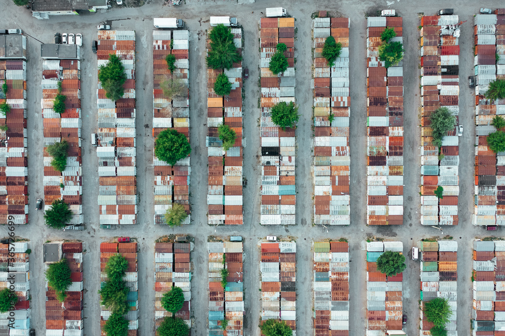 An aerial view of the pattern of abandoned containers before the auction sale of the containers blindly. Drone shot. An aerial view of the pattern of abandoned containers before the auction sale of the containers blindly. Drone shot.