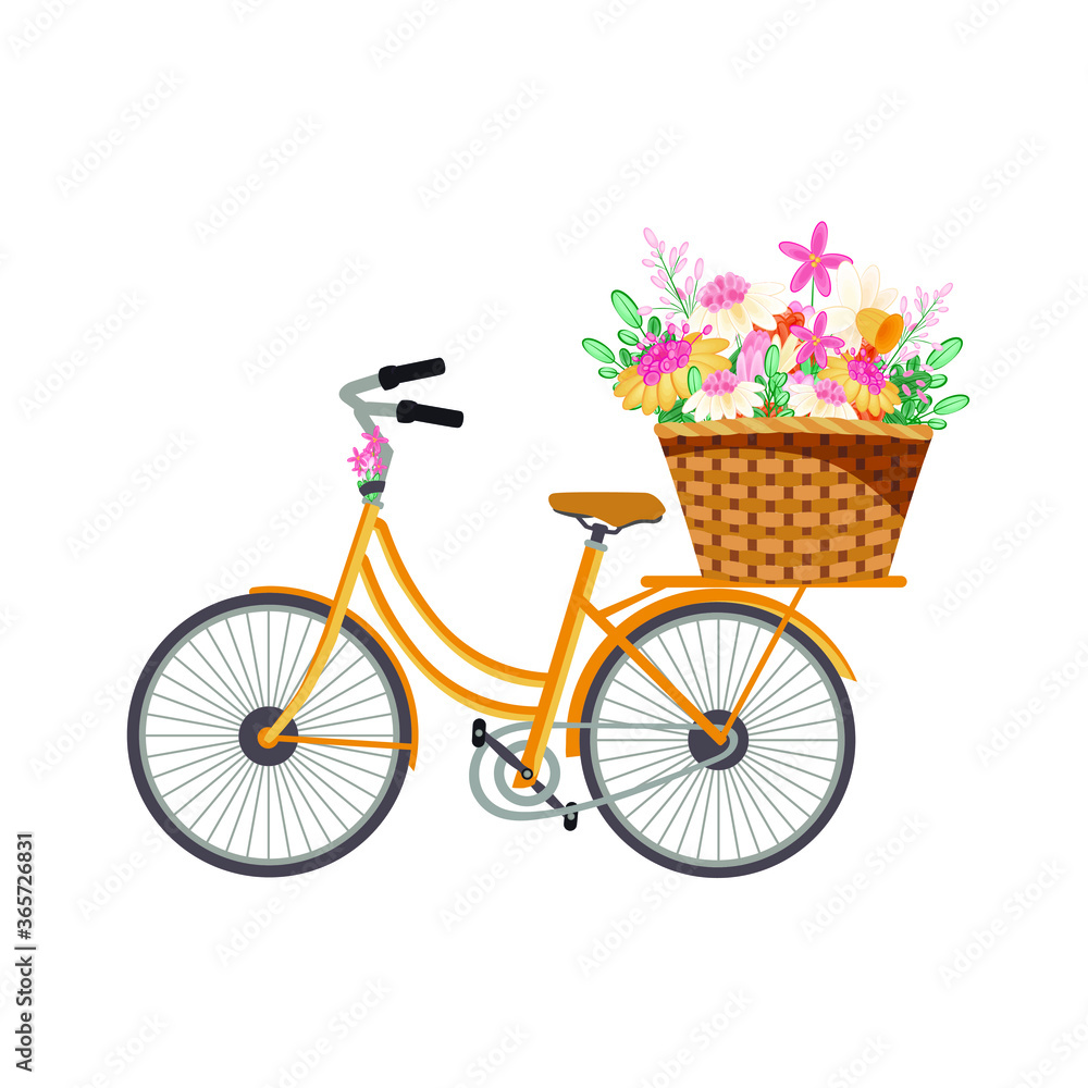 Vector bicycle with flowers on basket isolated white background, botanical flat illustrations. Spring flowers clip art. Seamless frame for poster