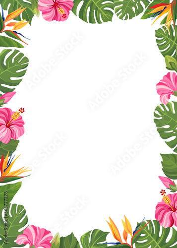 Tropical flowers frame. Hibiscus and strelitzia floral border with place for text. Vector illustration.