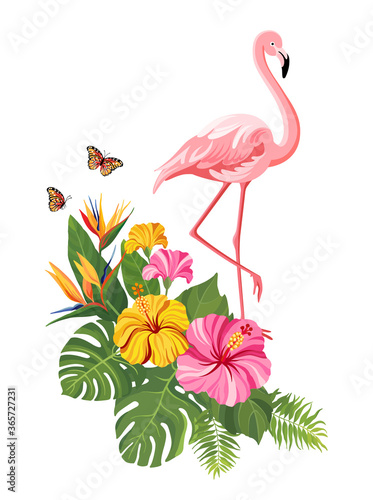 Pink flamingo with tropical flowers and butterflies. Summer floral composition with flamingo. Vector illustration. © artnata