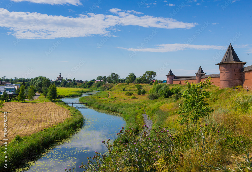 The architecture of the city of Suzdal in summer in sunny weather. Russian village.