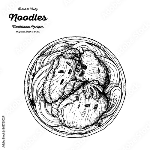 Udon Noodles hand drawn sketch. Top view vector illustration. Noodle dish. Engraved style. Black and white illustration. Noodles in bowl. Asian food.