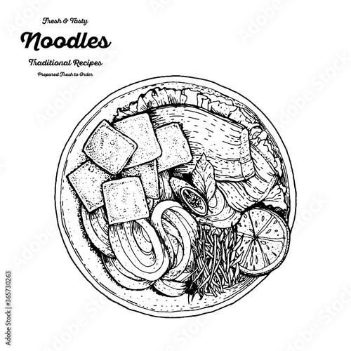 Chicken Thukpa hand drawn sketch. Top view vector illustration. Chicken Thukpa noodle soup. Engraved style. Black and white illustration. Noodles in bowl.