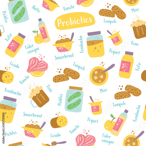 Probiotic foods seamless hand drawn pattern background.