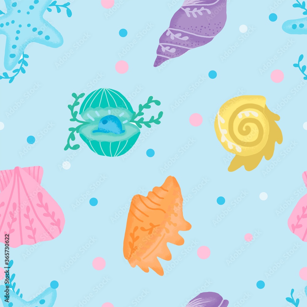 colorfull sea shell seamless pattern design. Great feminine fabric, scrapbooking, wallpaper, giftwrap. Suraface pattern design