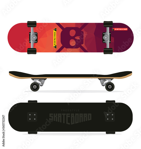 Skateboards set of three styles top and bottom view 