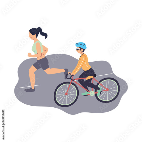 Man riding bike and woman running at street vector design