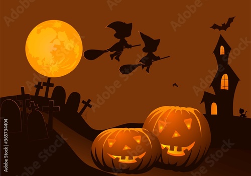 Halloween pumpkins and dark castle on blue Moon background, illustration with crescent moon, evil pumpkin, witch and traditional Halloween elements. Template for Halloween party.