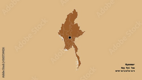 Kayah, state of Myanmar, with its capital, localized, outlined and zoomed with informative overlays on a solid patterned map in the Stereographic projection. Animation 3D photo