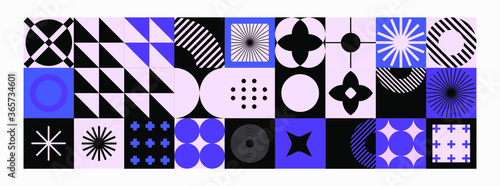 Mid-century modern geometric seamless pattern with bold simple shapes in Bauhaus and Neo-memphis retrofuturistic style. Trendy vivid fashion print.