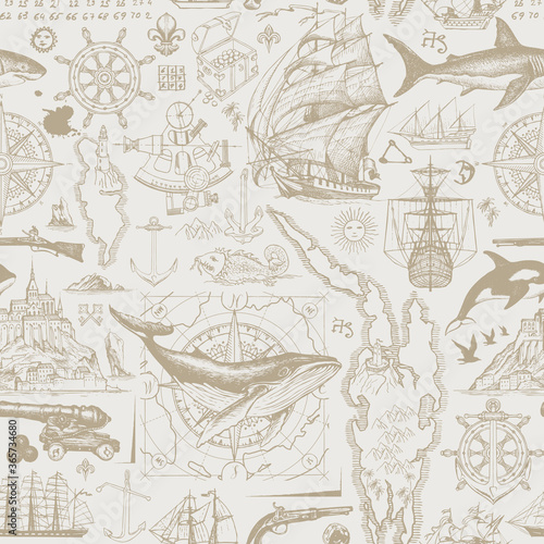 Vintage seamless pattern on the theme of travel, adventure and discovery. Vector background with hand-drawn sketches of sailboats, islands, old maps, wind rose, anchors, fishes, cannons in beige color
