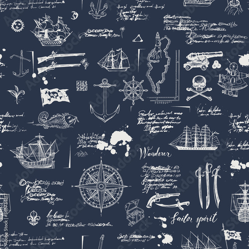 Vintage abstract seamless pattern on the theme of pirate adventures with sketches and illegible notes. Vector background with skull, crossbones, flag, swords, guns, caravels and other nautical symbols