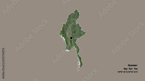 Magway, division of Myanmar, with its capital, localized, outlined and zoomed with informative overlays on a satellite map in the Stereographic projection. Animation 3D photo