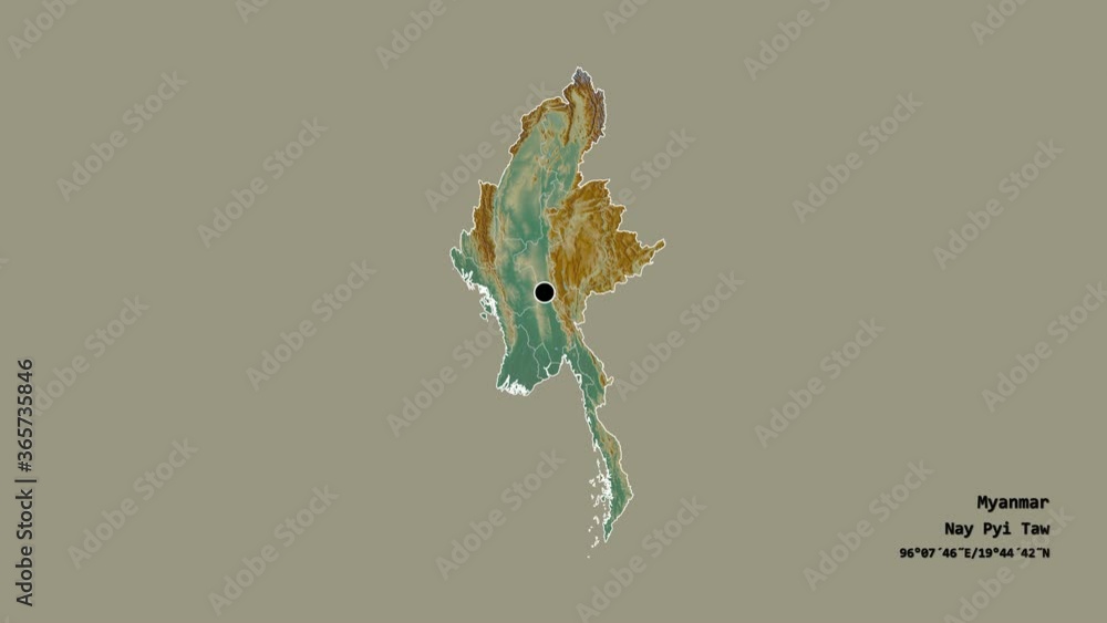 Shan, state of Myanmar, with its capital, localized, outlined and zoomed with informative overlays on a relief map in the Stereographic projection. Animation 3D Shan, state of Myanmar, with its capital, localized, outlined and zoomed with informative overlays on a relief map in the Stereographic projection. Animation 3D