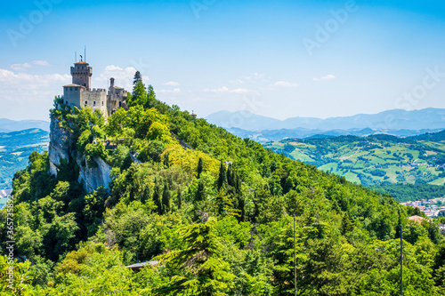 San Marino, Fratta, the second of three peaks which overlooks the city. The tower is located on the highest of Monte Titano's summits. The tower is to honor Saint Marinus.
