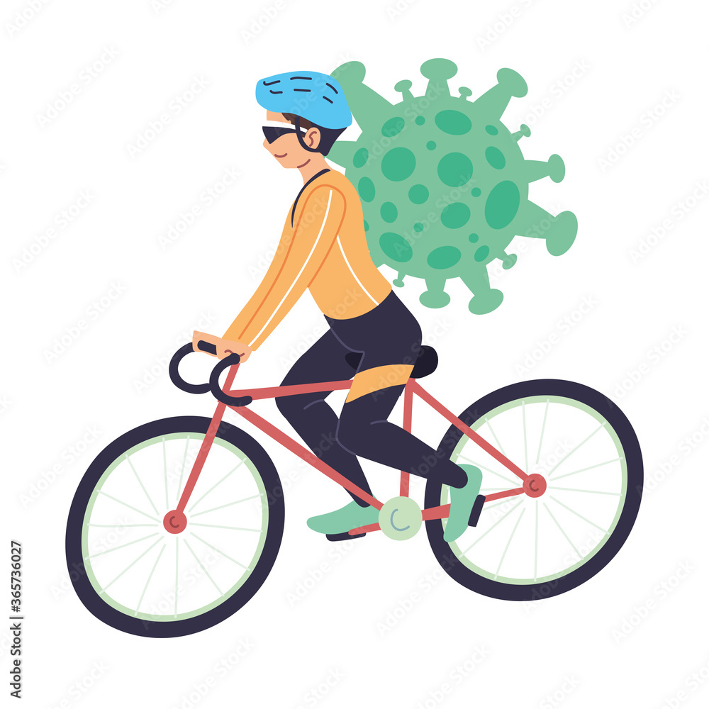 Naklejka premium Man riding bike and covid 19 virus vector design