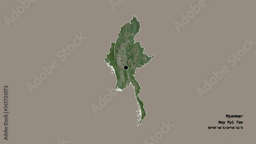 Tanintharyi, division of Myanmar, with its capital, localized, outlined and zoomed with informative overlays on a satellite map in the Stereographic projection. Animation 3D photo