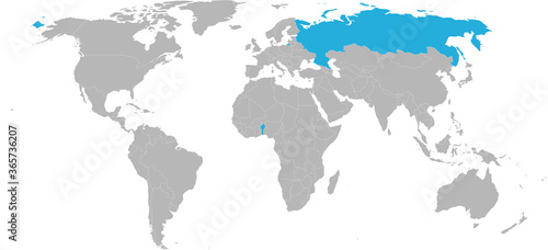 Russia, benin countries isolated on world map. Light gray background. Travel and transport backgrounds.