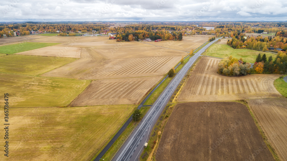 Aerial view of country road, autumn trees and ploughed fields. Aerial panorama of beautiful farmlands 
