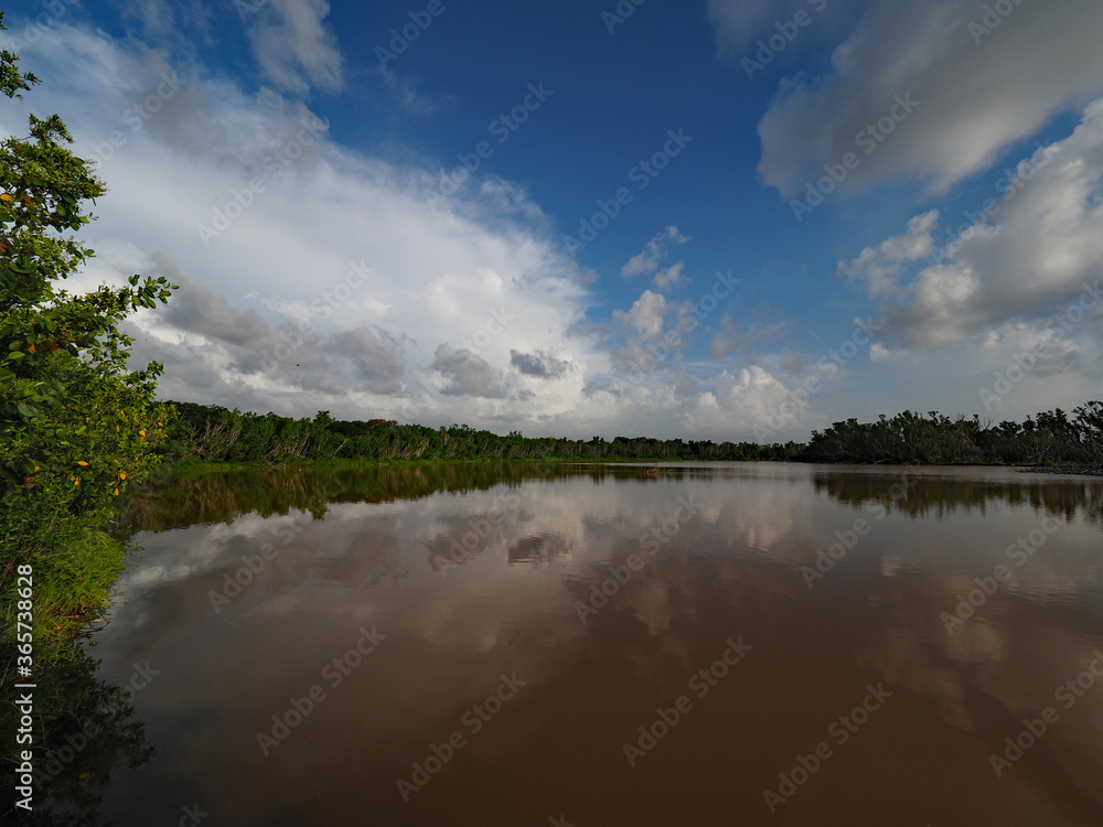 Summer cloudscape reflected in calm water of Eco Pond in Everglades National Park, Florida.