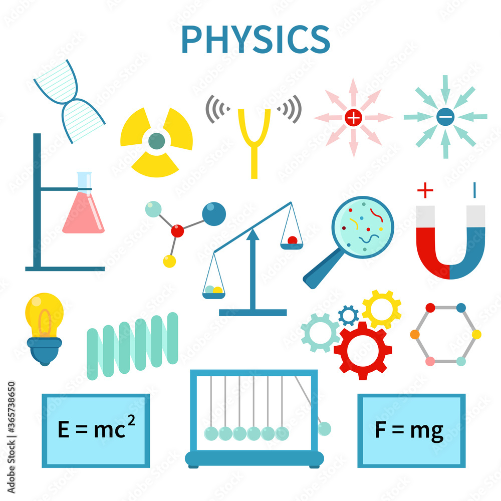 Physics, Chemistry laboratory and science equipment Icons Set. Flat design vector illustration. Chemical Experiment.