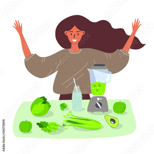 Flat cartoon illustration of a girl standing near a table with vegetables and a blender and showing how to make a detox smoothie. The concept of detoxification of the body and a healthy lifestyle.