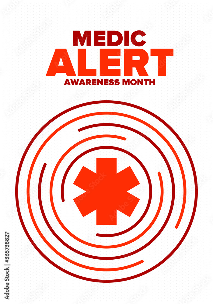 Fototapeta premium Medic Alert Awareness Month in August. Medical bracelets. First aid, emergency. Medical design. Celebration in United States. Poster, greeting card, banner and background. Vector illustration