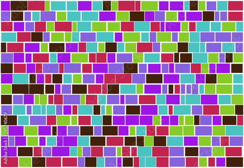 Multicolor brick wall from nested rectangles vector background with six different colors, mosaic pattern with random white borders, useful for backgrounds, wallpapers and wrapping
