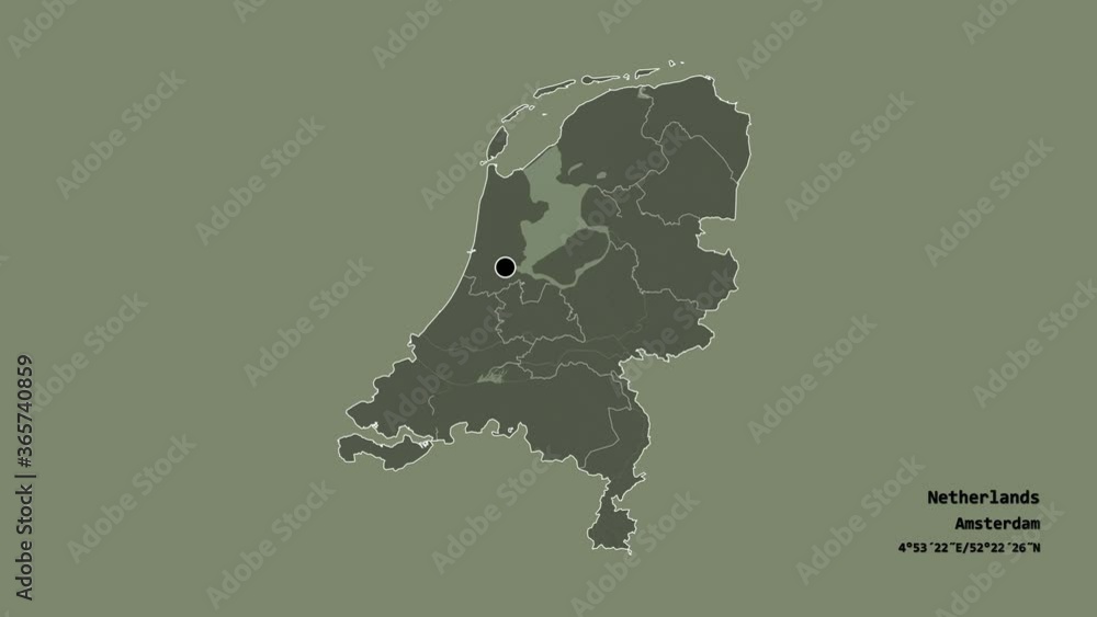 Noord-Brabant, province of Netherlands, with its capital, localized, outlined and zoomed with informative overlays on a administrative map in the Stereographic projection. Animation 3D Noord-Brabant, province of Netherlands, with its capital, localized, outlined and zoomed with informative overlays on a administrative map in the Stereographic projection. Animation 3D