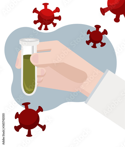 Vector illustration. Doctor's hand holding a test tube with green liquid. There are a lot of viruses in the air around in a room.