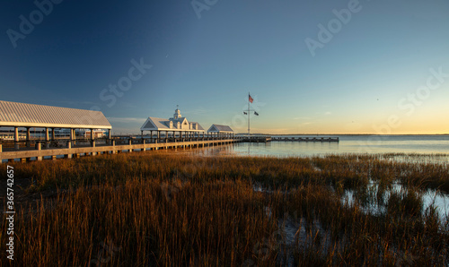 Charleston, South Carolina, United States, November 2019, the sunrise over Charleston Harbour bay and the pier