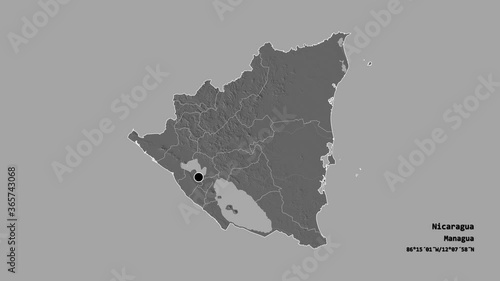 Atlántico Norte, autonomous region of Nicaragua, with its capital, localized, outlined and zoomed with informative overlays on a bilevel map in the Stereographic projection. Animation 3D photo