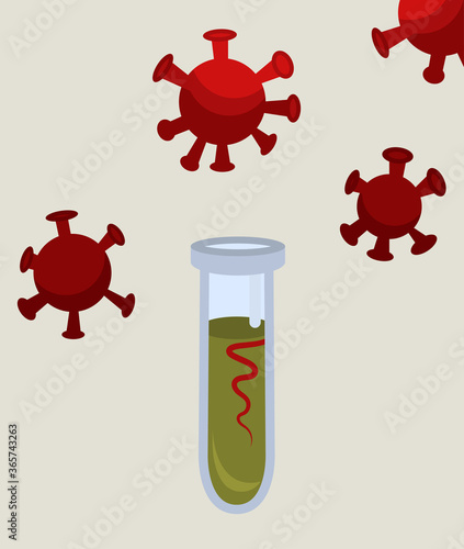 Vector illustration. Test tube with liquid and viruses in the air.