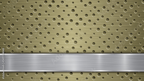 Background of golden perforated metallic surface with holes and silver horizontal polished plate with a metal texture, glares and shiny edges