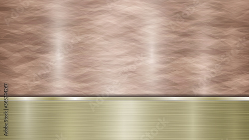 Background consisting of a bronze shiny metallic surface and one horizontal polished golden plate located below, with a metal texture, glares and burnished edges