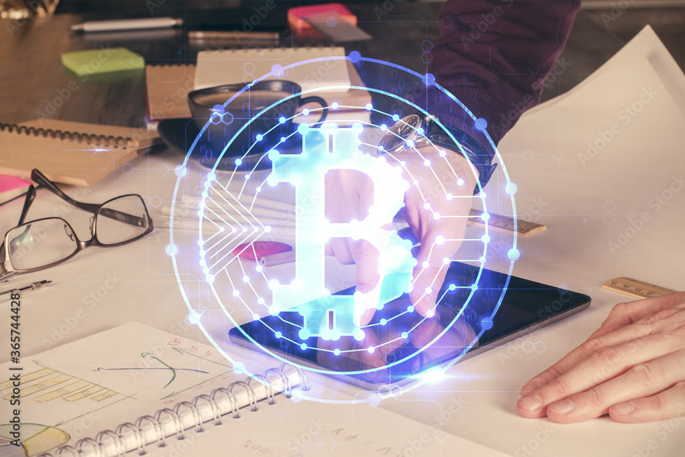 Double exposure of man's hands holding and using a phone and crypto currency blockchain theme drawing. Double exposure of man's hands holding and using a phone and crypto currency blockchain theme drawing.