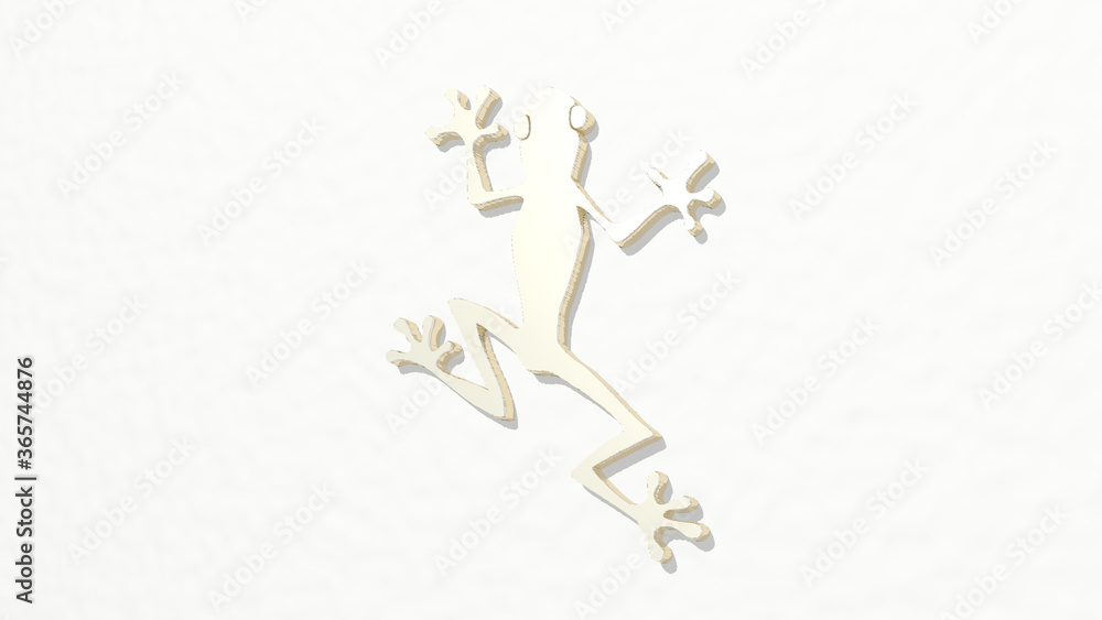 FROG CLIMBING on the wall. 3D illustration of metallic sculpture over a white background with mild texture. animal and amphibian