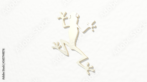 FROG CLIMBING on the wall. 3D illustration of metallic sculpture over a white background with mild texture. animal and amphibian