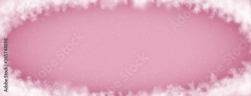 Christmas background of snowflakes of different shape, blur and transparency, arranged in a ellipse, on pink background